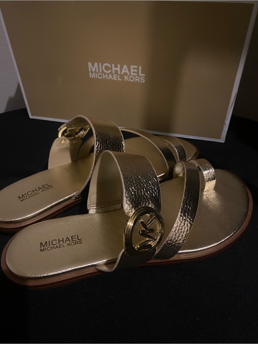 Michael Kors Gold Leather Slide Sandals with MK Logo